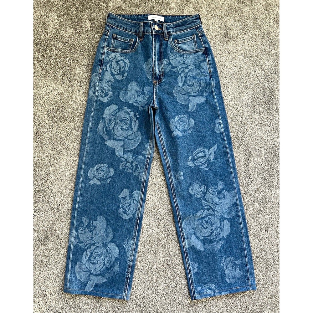 The Noli Shop Floral Rose Print Wide Leg Jeans Blue Medium Wash High Rise 26